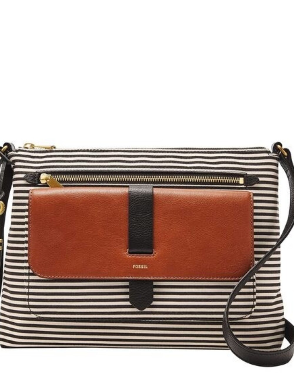 Fossil Kinley Striped Canvas Crossbody with Brown Leather Flap